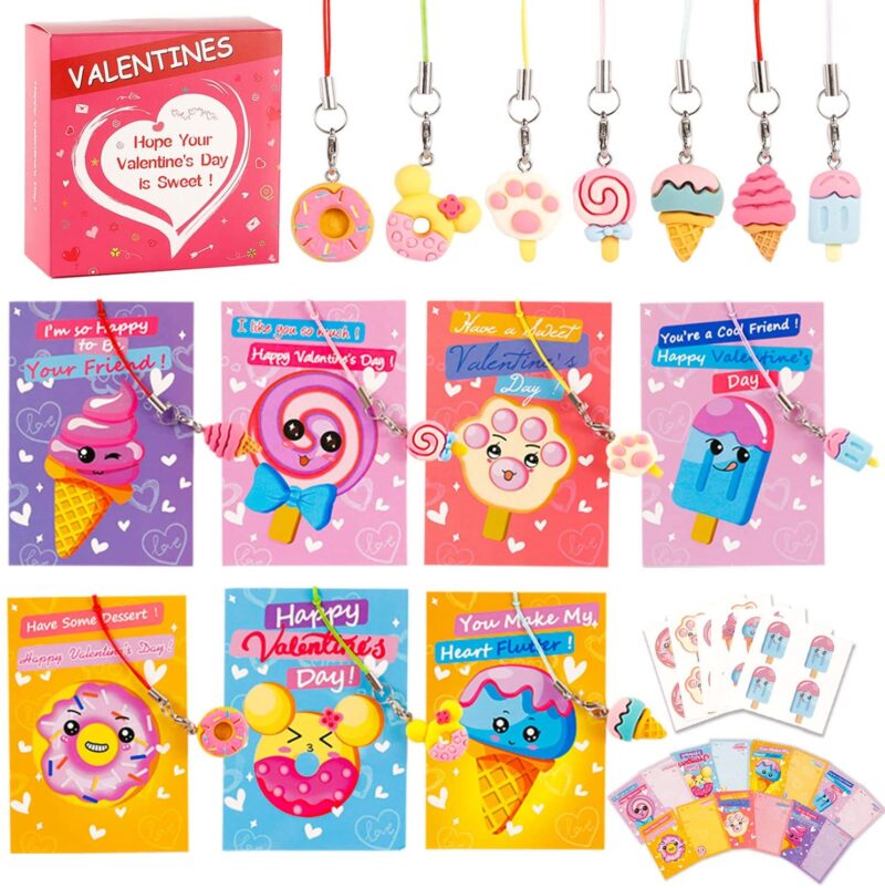 Valentines Day Cards for Kids - 35Pcs Desserts Kids Valentines Cards With Cute Pendants 