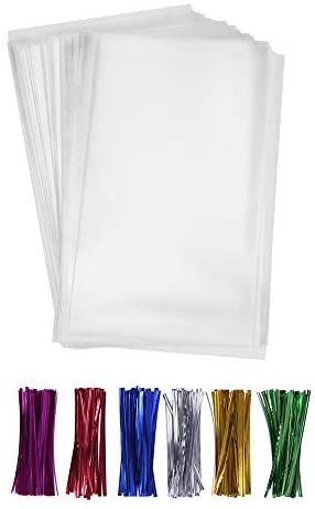 200 Clear Treat Bags 6x9 with 4" Twist Ties 6 Mix Colors 