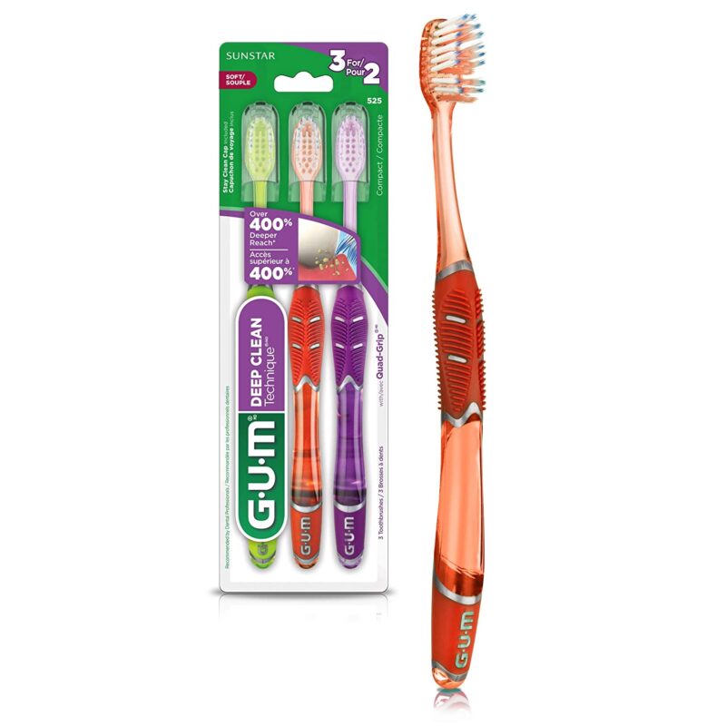 GUM - 525E Technique Deep Clean Toothbrush with Quad-Grip Handle, Compact Head