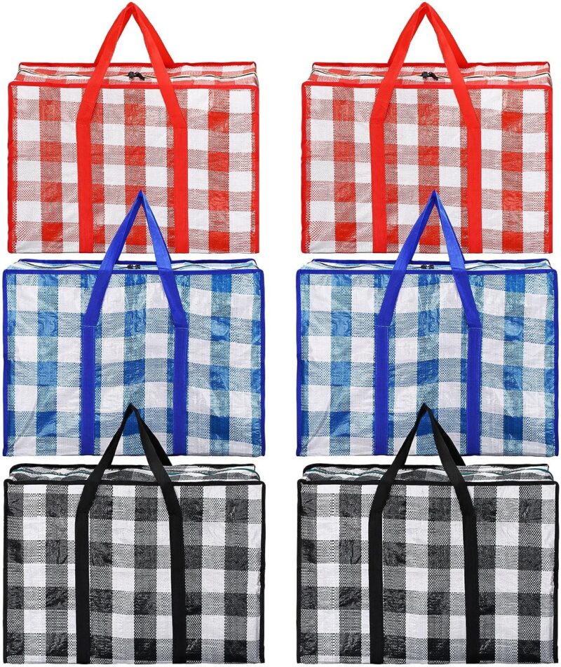Windyun 6 Pcs Plastic Checkered Moving Bags Large Storage Laundry Totes 