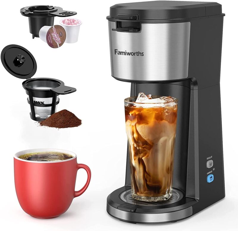  Famiworths Iced Coffee Maker, Hot and Cold Coffee Maker Single Serve for K Cup and Ground
